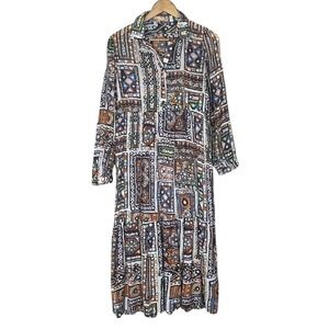 Boho Multicolor Geometric Print Tiered Midi Dress Sz M Gauzy Mediterranean Chic